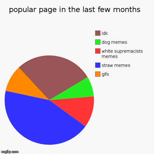true | popular page in the last few months  | gifs, straw memes, white supremacists memes, dog memes, idk | image tagged in funny,pie charts | made w/ Imgflip chart maker