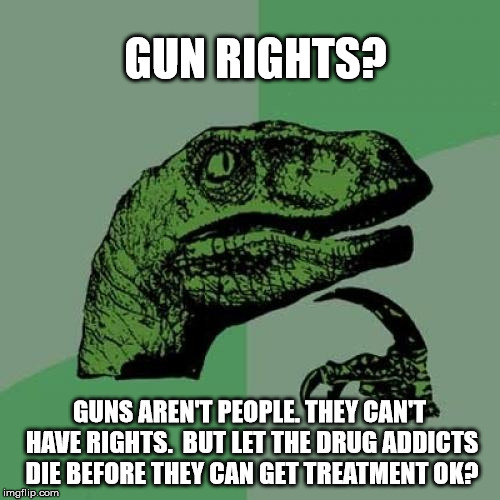 Philosoraptor Meme | GUN RIGHTS? GUNS AREN'T PEOPLE. THEY CAN'T HAVE RIGHTS.  BUT LET THE DRUG ADDICTS DIE BEFORE THEY CAN GET TREATMENT OK? | image tagged in memes,philosoraptor | made w/ Imgflip meme maker