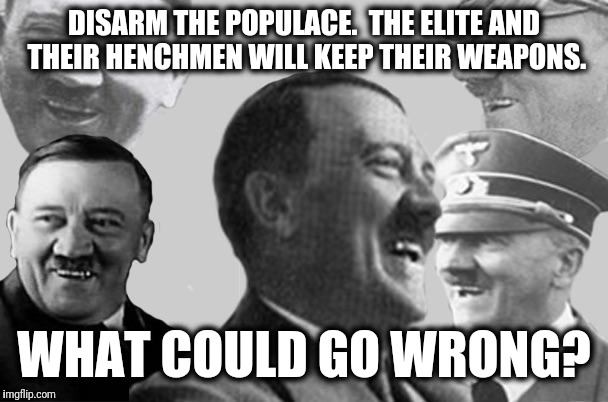 Always the same recipe: disarm the populace, then do what you like! | DISARM THE POPULACE.  THE ELITE AND THEIR HENCHMEN WILL KEEP THEIR WEAPONS. WHAT COULD GO WRONG? | image tagged in memes,gun control,liberals,disarm the populace | made w/ Imgflip meme maker