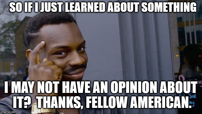 Roll Safe Think About It Meme | SO IF I JUST LEARNED ABOUT SOMETHING I MAY NOT HAVE AN OPINION ABOUT IT?  THANKS, FELLOW AMERICAN. | image tagged in memes,roll safe think about it | made w/ Imgflip meme maker