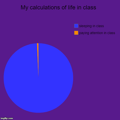My calculations of life in class  | paying attention in class, sleeping in class | image tagged in funny,pie charts | made w/ Imgflip chart maker