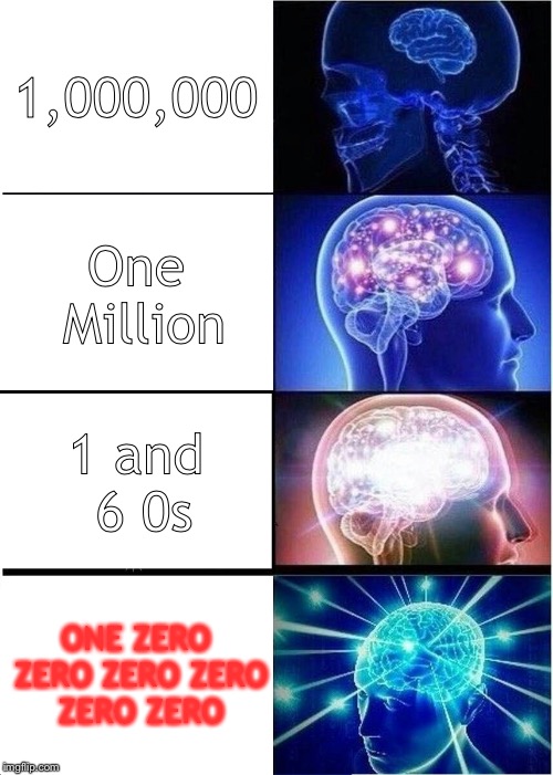 Expanding Brain Meme | 1,000,000; One Million; 1 and 6 0s; ONE ZERO ZERO ZERO ZERO ZERO ZERO | image tagged in memes,expanding brain | made w/ Imgflip meme maker