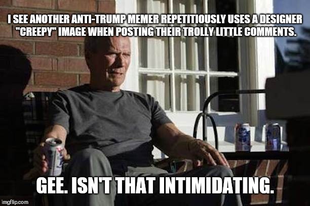 Clint Eastwood in Gran Torino | I SEE ANOTHER ANTI-TRUMP MEMER REPETITIOUSLY USES A DESIGNER "CREEPY" IMAGE WHEN POSTING THEIR TROLLY LITTLE COMMENTS. GEE. ISN'T THAT INTIMIDATING. | image tagged in clint eastwood in gran torino,stupid people | made w/ Imgflip meme maker
