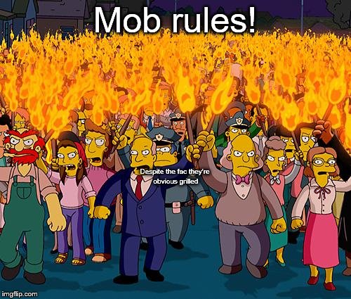 angry mob | Mob rules! Despite the fac they're obvious grilled | image tagged in angry mob | made w/ Imgflip meme maker