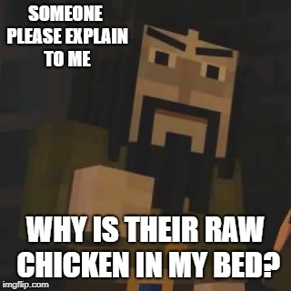 SOMEONE PLEASE EXPLAIN TO ME; WHY IS THEIR RAW CHICKEN IN MY BED? | image tagged in ivorisgr8 | made w/ Imgflip meme maker