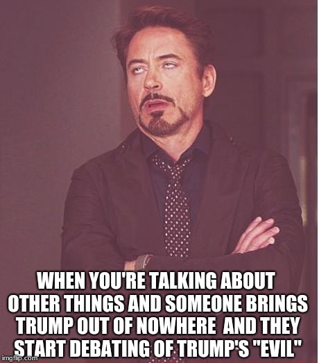 Face You Make Robert Downey Jr Meme | WHEN YOU'RE TALKING ABOUT OTHER THINGS AND SOMEONE BRINGS TRUMP OUT OF NOWHERE  AND THEY START DEBATING OF TRUMP'S "EVIL" | image tagged in memes,face you make robert downey jr | made w/ Imgflip meme maker