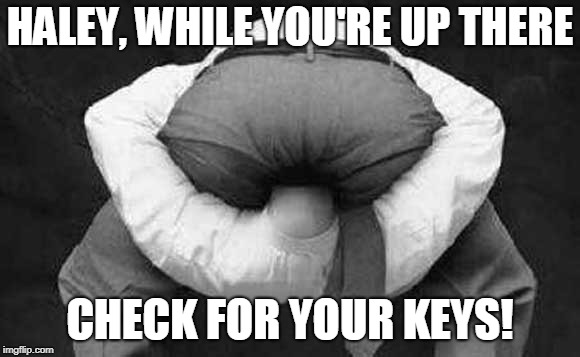 Head up ass  | HALEY, WHILE YOU'RE UP THERE; CHECK FOR YOUR KEYS! | image tagged in head up ass | made w/ Imgflip meme maker