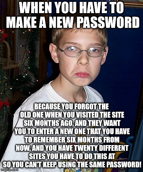 christmasgrump | WHEN YOU HAVE TO MAKE A NEW PASSWORD BECAUSE YOU FORGOT THE OLD ONE WHEN YOU VISITED THE SITE SIX MONTHS AGO, AND THEY WANT YOU TO ENTER A N | image tagged in christmasgrump | made w/ Imgflip meme maker