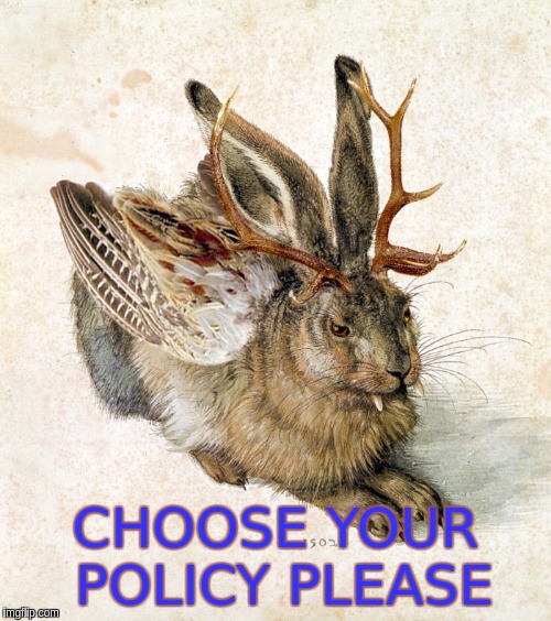 CHOOSE YOUR POLICY PLEASE | image tagged in wolpertinger fable | made w/ Imgflip meme maker