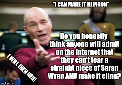 Picard Wtf | "I CAN MAKE IT KLINGON"; Do you honestly think anyone will admit on the internet that they can't tear a straight piece of Saran Wrap AND make it cling? I WILL (HEH HEH) | image tagged in memes,picard wtf | made w/ Imgflip meme maker