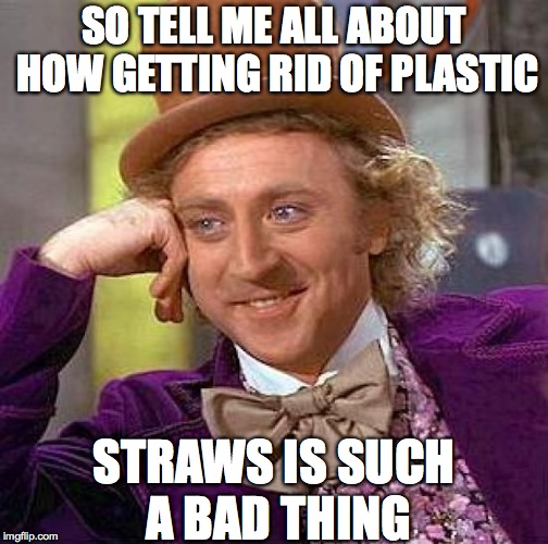 Creepy Condescending Wonka Meme | SO TELL ME ALL ABOUT HOW GETTING RID OF PLASTIC STRAWS IS SUCH A BAD THING | image tagged in memes,creepy condescending wonka | made w/ Imgflip meme maker