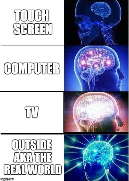 Expanding Brain Meme | TOUCH SCREEN; COMPUTER; TV; OUTSIDE AKA THE REAL WORLD | image tagged in memes,expanding brain | made w/ Imgflip meme maker