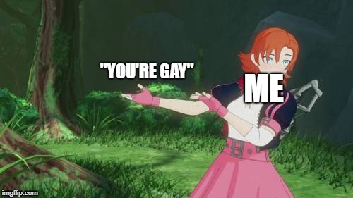 
 | "YOU'RE GAY"; ME | image tagged in rwby,homosexuality,roast | made w/ Imgflip meme maker