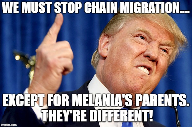 Donald Trump | WE MUST STOP CHAIN MIGRATION.... EXCEPT FOR MELANIA'S PARENTS. THEY'RE DIFFERENT! | image tagged in donald trump | made w/ Imgflip meme maker
