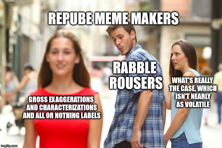 Distracted Boyfriend Meme | GROSS EXAGGERATIONS AND CHARACTERIZATIONS AND ALL OR NOTHING LABELS RABBLE ROUSERS WHAT'S REALLY THE CASE, WHICH ISN'T NEARLY AS VOLATILE RE | image tagged in memes,distracted boyfriend | made w/ Imgflip meme maker