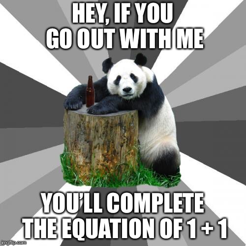 This might actually be a good pickup line, try it and tell me if it works. | HEY, IF YOU GO OUT WITH ME; YOU’LL COMPLETE THE EQUATION OF 1 + 1 | image tagged in memes,pickup line panda,math | made w/ Imgflip meme maker