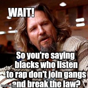Confused Lebowski Meme | WAIT! So you're saying blacks who listen to rap don't join gangs and break the law? | image tagged in memes,confused lebowski | made w/ Imgflip meme maker