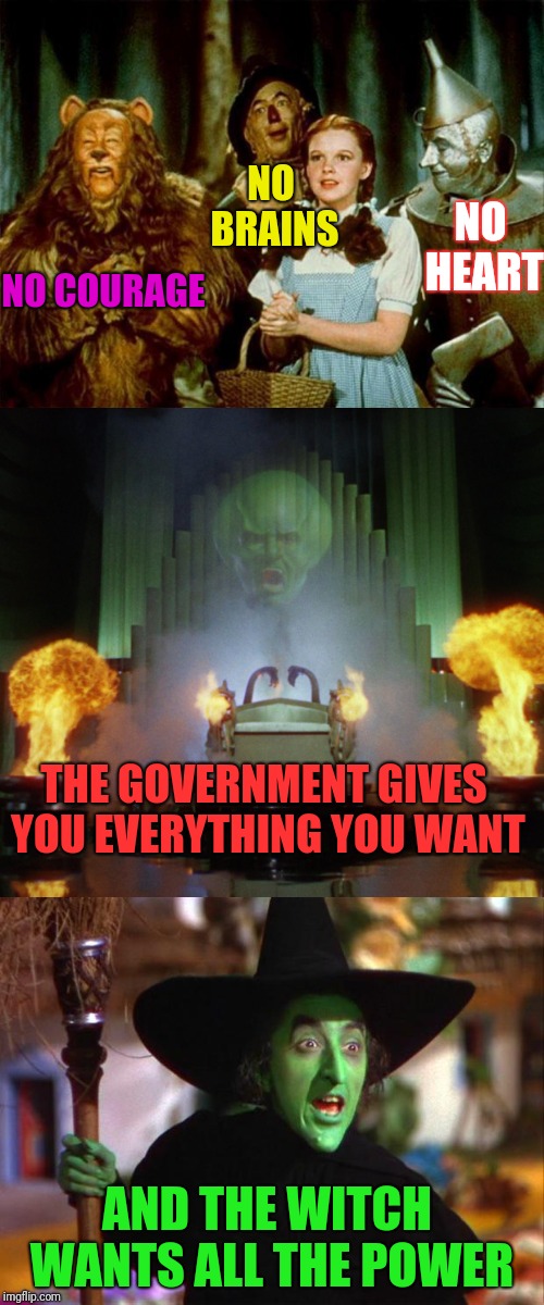 Proof that the Wizard of Oz was made by democrats | NO BRAINS; NO COURAGE; NO HEART; THE GOVERNMENT GIVES YOU EVERYTHING YOU WANT; AND THE WITCH WANTS ALL THE POWER | image tagged in wizard of oz | made w/ Imgflip meme maker