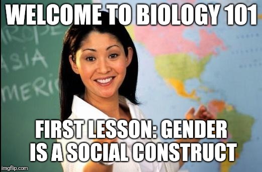 That's right folks. Your kids are learning this crap in school  | WELCOME TO BIOLOGY 101; FIRST LESSON: GENDER IS A SOCIAL CONSTRUCT | image tagged in unhelpful teacher | made w/ Imgflip meme maker