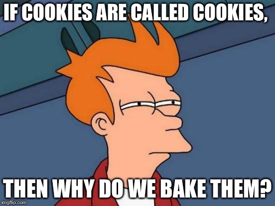 We should have called them bakies | IF COOKIES ARE CALLED COOKIES, THEN WHY DO WE BAKE THEM? | image tagged in memes,futurama fry | made w/ Imgflip meme maker