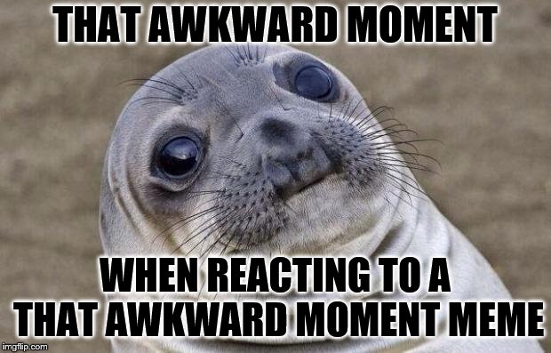 Hehe | THAT AWKWARD MOMENT; WHEN REACTING TO A THAT AWKWARD MOMENT MEME | image tagged in memes,awkward moment sealion | made w/ Imgflip meme maker