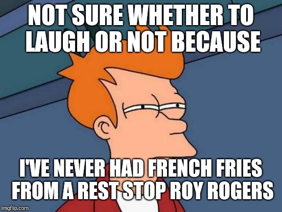 Futurama Fry Meme | NOT SURE WHETHER TO LAUGH OR NOT BECAUSE I'VE NEVER HAD FRENCH FRIES FROM A REST STOP ROY ROGERS | image tagged in memes,futurama fry | made w/ Imgflip meme maker