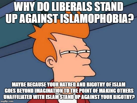 Futurama Fry Meme | WHY DO LIBERALS STAND UP AGAINST ISLAMOPHOBIA? MAYBE BECAUSE YOUR HATRED AND BIGOTRY OF ISLAM GOES BEYOND IMAGINATION TO THE POINT OF MAKING OTHERS UNAFFILIATED WITH ISLAM STAND UP AGAINST YOUR BIGOTRY? | image tagged in memes,futurama fry,liberals,islamophobia,bigotry,bigot | made w/ Imgflip meme maker