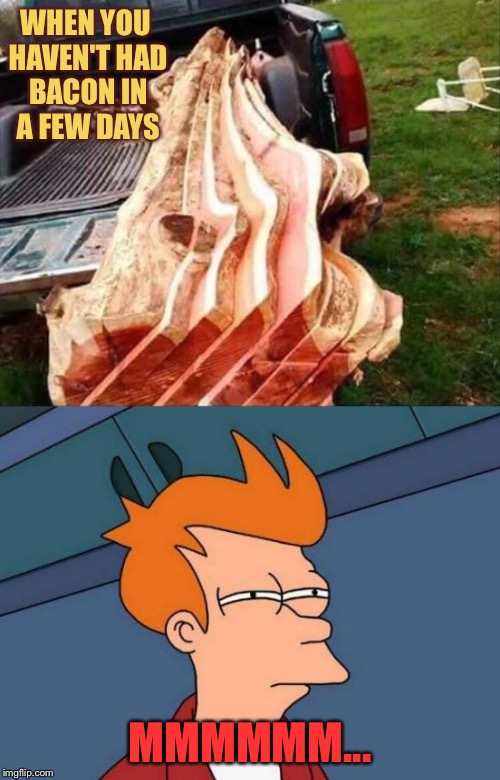 Classic bacon withdrawal symptoms. | WHEN YOU HAVEN'T HAD BACON IN A FEW DAYS; MMMMMM... | image tagged in bacon,futurama fry,memes,funny | made w/ Imgflip meme maker