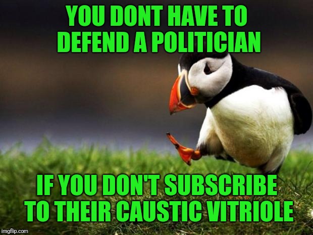 Unpopular Opinion Puffin Meme | YOU DONT HAVE TO DEFEND A POLITICIAN IF YOU DON'T SUBSCRIBE TO THEIR CAUSTIC VITRIOLE | image tagged in memes,unpopular opinion puffin | made w/ Imgflip meme maker