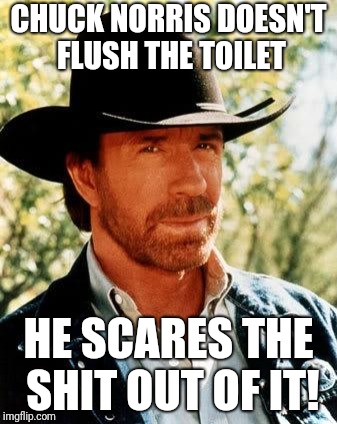 Chuck Norris Meme | CHUCK NORRIS DOESN'T FLUSH THE TOILET; HE SCARES THE SHIT OUT OF IT! | image tagged in memes,chuck norris,ilikepie314159265358979 | made w/ Imgflip meme maker