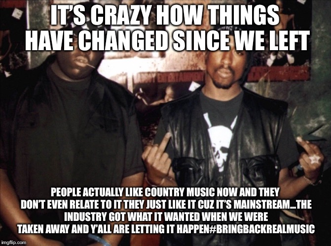 Tupac biggie real music | IT’S CRAZY HOW THINGS HAVE CHANGED SINCE WE LEFT; PEOPLE ACTUALLY LIKE COUNTRY MUSIC NOW AND THEY DON’T EVEN RELATE TO IT THEY JUST LIKE IT CUZ IT’S MAINSTREAM...THE INDUSTRY GOT WHAT IT WANTED WHEN WE WERE TAKEN AWAY AND Y’ALL ARE LETTING IT HAPPEN#BRINGBACKREALMUSIC | image tagged in tupac,biggie smalls,country,rap | made w/ Imgflip meme maker