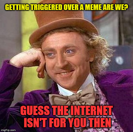 Creepy Condescending Wonka Meme | GETTING TRIGGERED OVER A MEME ARE WE? GUESS THE INTERNET ISN'T FOR YOU THEN | image tagged in memes,creepy condescending wonka | made w/ Imgflip meme maker