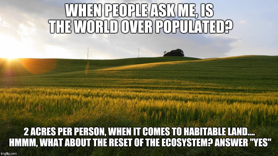 The World | WHEN PEOPLE ASK ME, IS THE WORLD OVER POPULATED? 2 ACRES PER PERSON, WHEN IT COMES TO HABITABLE LAND.... HMMM, WHAT ABOUT THE RESET OF THE ECOSYSTEM? ANSWER "YES" | image tagged in knowledge | made w/ Imgflip meme maker