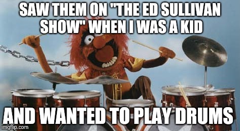 Animal on Drums | SAW THEM ON "THE ED SULLIVAN SHOW" WHEN I WAS A KID AND WANTED TO PLAY DRUMS | image tagged in animal on drums | made w/ Imgflip meme maker