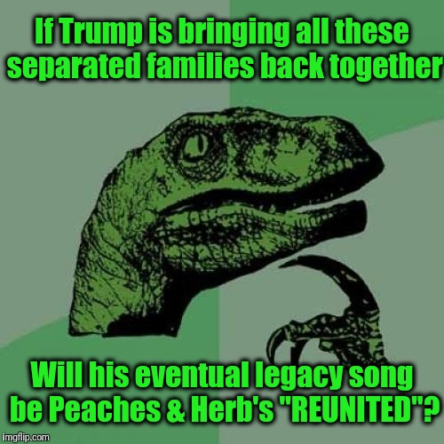 That would be so sweet | If Trump is bringing all these separated families back together; Will his eventual legacy song be Peaches & Herb's "REUNITED"? | image tagged in memes,philosoraptor | made w/ Imgflip meme maker