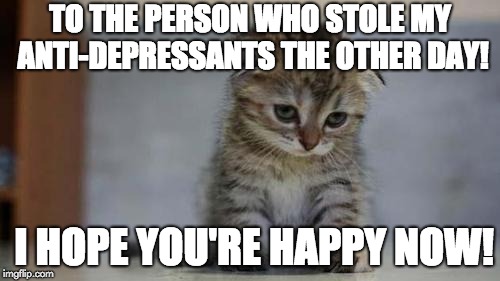 Sad Kitten gets sad | TO THE PERSON WHO STOLE MY ANTI-DEPRESSANTS THE OTHER DAY! I HOPE YOU'RE HAPPY NOW! | image tagged in sad kitten,anti-depressants,funny memes | made w/ Imgflip meme maker