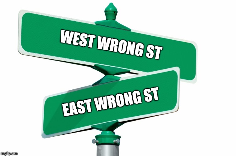 The opposite of wrong is not right, it's just wrong in another direction. | WEST WRONG ST; EAST WRONG ST | image tagged in blank street signs | made w/ Imgflip meme maker