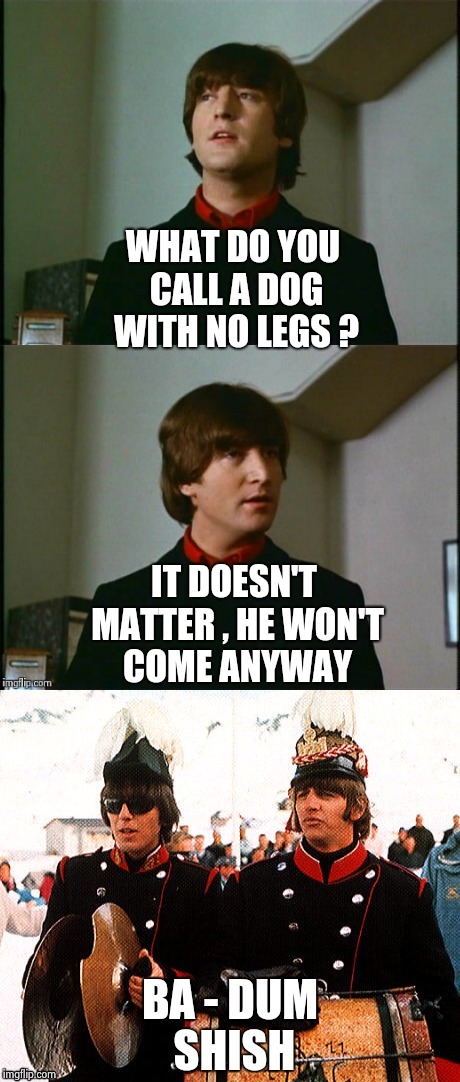 Bad Pun Beatles | WHAT DO YOU CALL A DOG WITH NO LEGS ? IT DOESN'T MATTER , HE WON'T COME ANYWAY | image tagged in bad pun beatles | made w/ Imgflip meme maker