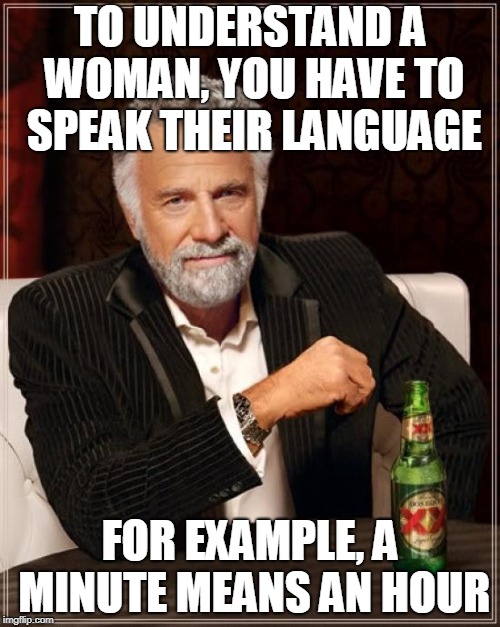 Breaking The Code | TO UNDERSTAND A WOMAN, YOU HAVE TO SPEAK THEIR LANGUAGE; FOR EXAMPLE, A MINUTE MEANS AN HOUR | image tagged in memes,the most interesting man in the world,funny,women,language,codes | made w/ Imgflip meme maker