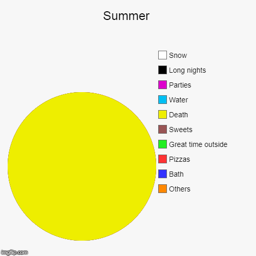 Summer | Others, Bath, Pizzas, Great time outside, Sweets, Death, Water, Parties, Long nights, Snow | image tagged in funny,pie charts | made w/ Imgflip chart maker