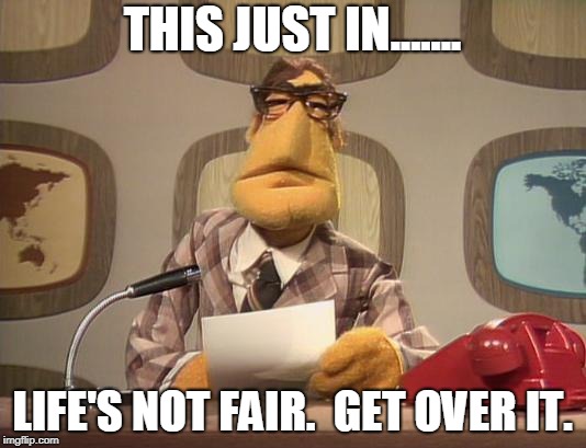 Life's Not Fair | THIS JUST IN....... LIFE'S NOT FAIR.  GET OVER IT. | image tagged in muppet news,muppets,fair,unfair | made w/ Imgflip meme maker