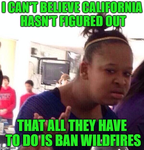 DUH | I CAN'T BELIEVE CALIFORNIA HASN'T FIGURED OUT; THAT ALL THEY HAVE TO DO IS BAN WILDFIRES | image tagged in memes,black girl wat,funny | made w/ Imgflip meme maker