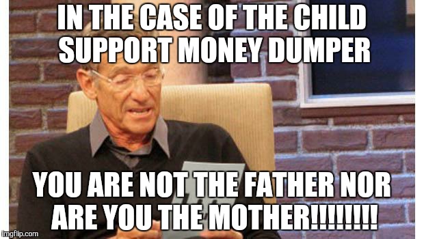 maury povich | IN THE CASE OF THE CHILD SUPPORT MONEY DUMPER; YOU ARE NOT THE FATHER NOR ARE YOU THE MOTHER!!!!!!!! | image tagged in maury povich | made w/ Imgflip meme maker