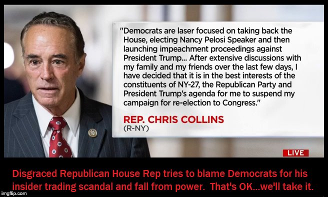 Happy to Take The False Blame | image tagged in trump,corruption,chris collins,gop,insider trading,filthy republicans | made w/ Imgflip meme maker