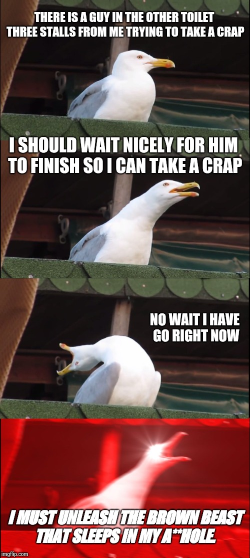 Inhaling Seagull | THERE IS A GUY IN THE OTHER TOILET THREE STALLS FROM ME TRYING TO TAKE A CRAP; I SHOULD WAIT NICELY FOR HIM TO FINISH SO I CAN TAKE A CRAP; NO WAIT I HAVE GO RIGHT NOW; I MUST UNLEASH THE BROWN BEAST THAT SLEEPS IN MY A**HOLE. | image tagged in memes,inhaling seagull | made w/ Imgflip meme maker