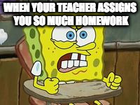 Homework Sucks | WHEN YOUR TEACHER ASSIGNS YOU SO MUCH HOMEWORK | image tagged in annoying,spongebob meme,mad | made w/ Imgflip meme maker