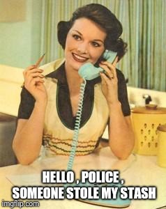 lady on the phone | HELLO , POLICE , SOMEONE STOLE MY STASH | image tagged in lady on the phone | made w/ Imgflip meme maker