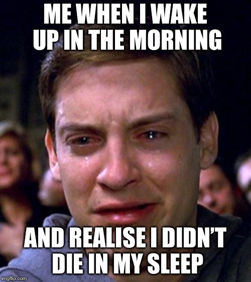 When you realise you’re still alive | ME WHEN I WAKE UP IN THE MORNING; AND REALISE I DIDN’T DIE IN MY SLEEP | image tagged in crying peter parker,suicide,depression,relatable,death | made w/ Imgflip meme maker