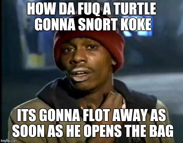 Y'all Got Any More Of That Meme | HOW DA FUQ A TURTLE GONNA SNORT KOKE ITS GONNA FLOT AWAY AS SOON AS HE OPENS THE BAG | image tagged in memes,y'all got any more of that | made w/ Imgflip meme maker