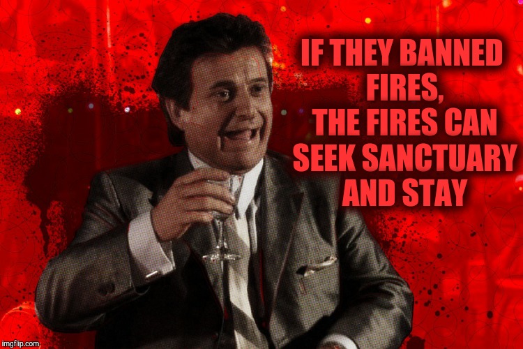 Joe Pesci laughs,,, Goodfellas | IF THEY BANNED FIRES, THE FIRES CAN SEEK SANCTUARY AND STAY | image tagged in joe pesci laughs  goodfellas | made w/ Imgflip meme maker